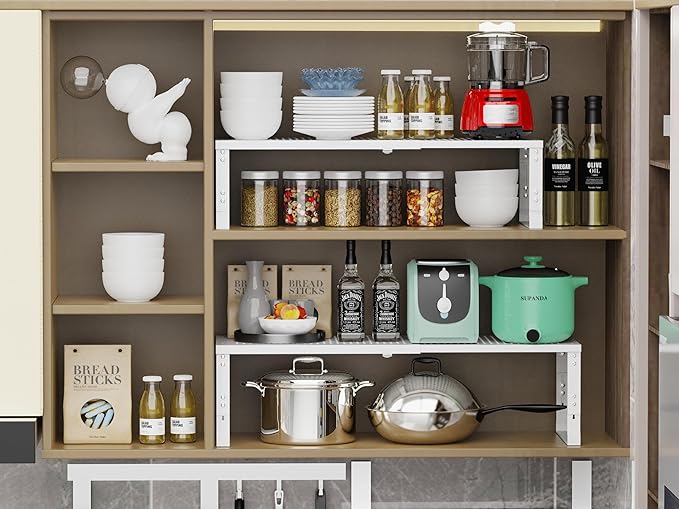 Adjustable Expanable Stackable Spice Rack Shelf Pantry Storage Organizer for Kitchen Cabinet,Countertop,Bathroom and More.Space is no Longer Limited(1Pack/White/Medium)