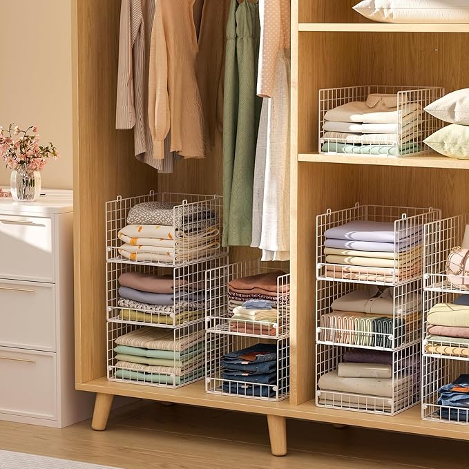 Stackable Closet Organizers and Storage - 4-Tier Stackable Storage Bins, Foldable Closet Shelf Organizer Basket, Clothes Organizers Shelves for Organizer System(15.7"x11.8"x34.64")