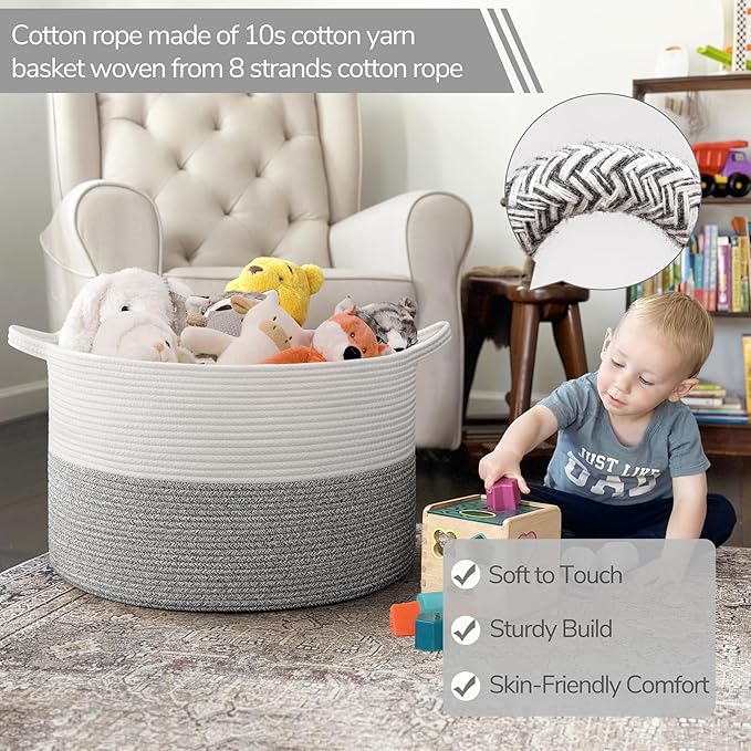 INDRESSME Large Blanket Basket, Laundry Toy Storage Baskets, Decorative Woven Basket for Living Room & Nursery, Baskets for Gifts Empty, Laundry, Dog Toys, Towels, Light Grey, 19.7" D x 12.6" H