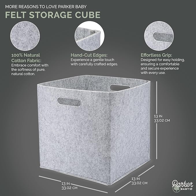 Parker Baby Felt Foldable Storage Cube - 13 Inch Nursery Cubby Bin for Cube Organizer, Closet Organizers and Storage Toy Bin, Rope Baskets Bins for Toy’s Storage - Gray