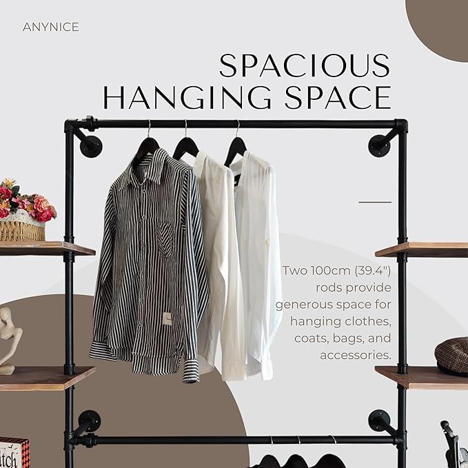 Industrial Pipe Clothing Rack, Wall Mounted Garment Hanging Rack with Shelves, 14.6x112.6x82.7 Inches, Model Y03