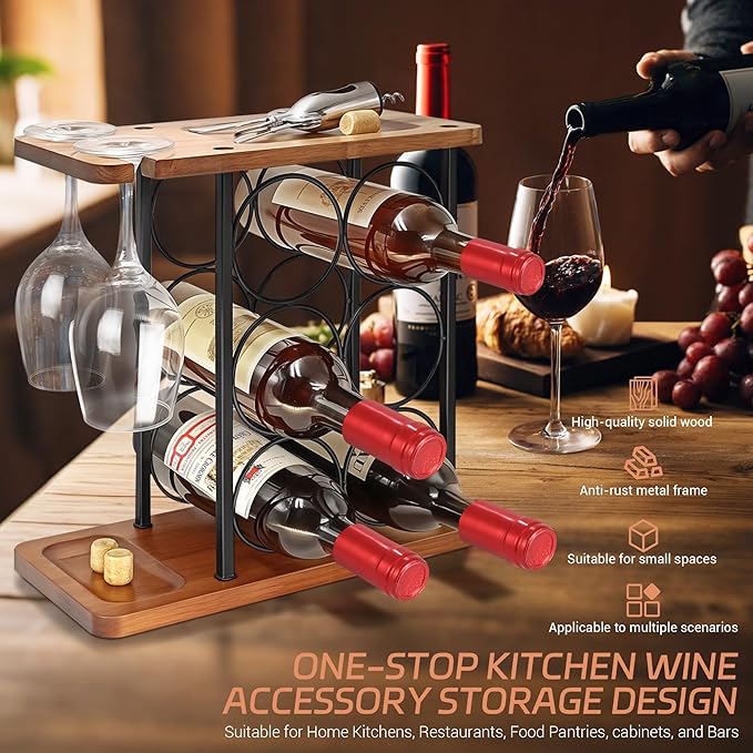 Wooden Wine Racks Countertop with Tray, Wine Bottle Holder for 6 Bottles & 2 Glasses, Perfect for Kitchen, Bar, Table, Cabinet, Wine Cellar