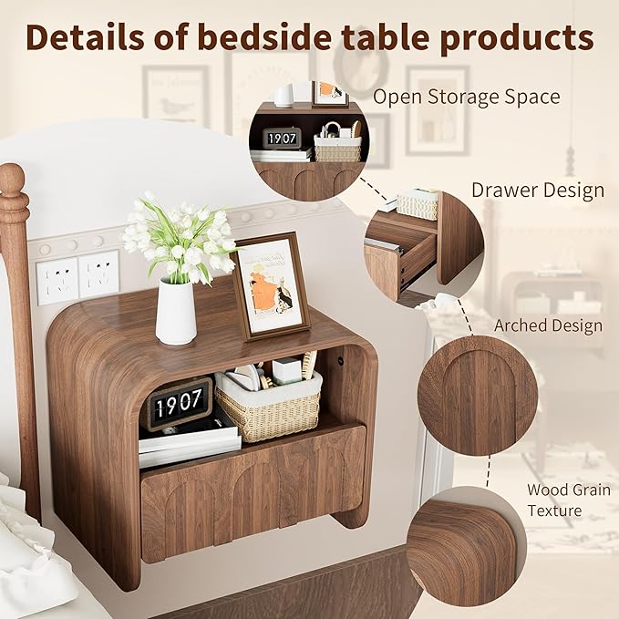 Floating Nightstand Set of 2, Small Night Stand with Drawer and Open Storage Shelf, Modern Wall Mounted Bedside Table, Farmhouse Wooden Nightstands for Bedroom, Living Room