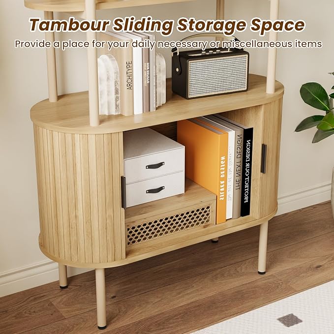 BREEZEHEAT Fluted Arched Bookshelf, 71" Tall Bookshelf with Sliding Tambour Doors, 4-Tier Open Display Storage Shelf, and Metal Frame, Curved Cabinet for Living Room, Home Office, Bedroom, Natural