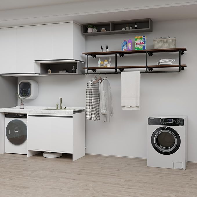 Wall Mounted Clothes Rack 12 Inch Deep, 72 Inch Heavy Duty Garment Rack with Real Walnut Wood Shelf, Multi-Purpose Hanging Rod & Space-Saving Closet Storage Organizer