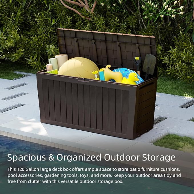 120 Gallon Resin Deck Box，Outdoor Storage Box, Waterproof Lockable Large Storage Bench for Patio Furniture, Pool Accessories & Garden Tools, Brown