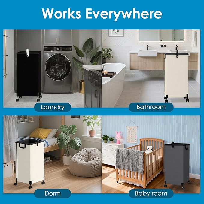 2Pcs Laundry Basket with Wheels 105L, Large Rolling Laundry Hamper with Removable Bag, Metal Frame Collapsible Dirty Clothes Bin, Cloth Organizer Hampers Pull Handle for Bathroom, Dorm, Bedroom White