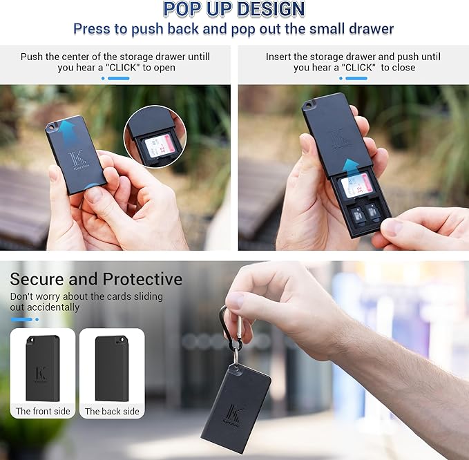 Pop-up Small Memory Card Case Holder for 2 SD SDHC SDXC Cards & 4 TF MicroSD MSD Cards with Carabiner, Portable Anti-Shock Splash-Proof Micro SD Card Case Storage Protector Organizer Keeper Container