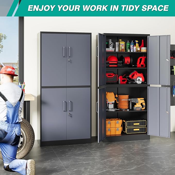 Metal Storage Cabinets with Doors and Shelves,71" Metal Garage Storage Cabinet with Lock,Gray Steel Cabinet with Locking Doors,4 Door Lockable Storage Cabinets for Garage,Home,Office