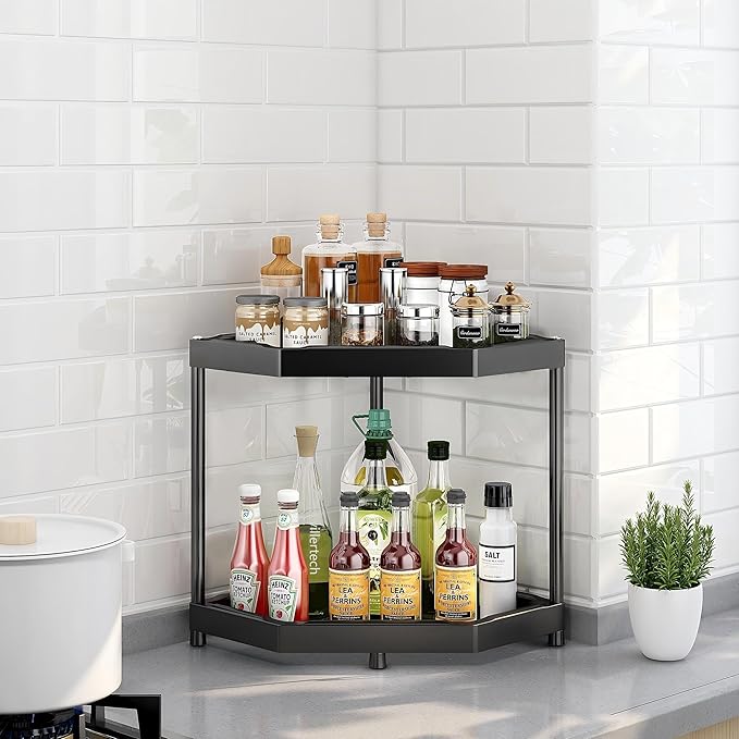 Kitchen Corner Shelf Countertop 2 Tier Bathroom Counter Organizer Cabinet Corner Storage Shelf Spice Rack Makeup Organizer Under Sink Organizer Black