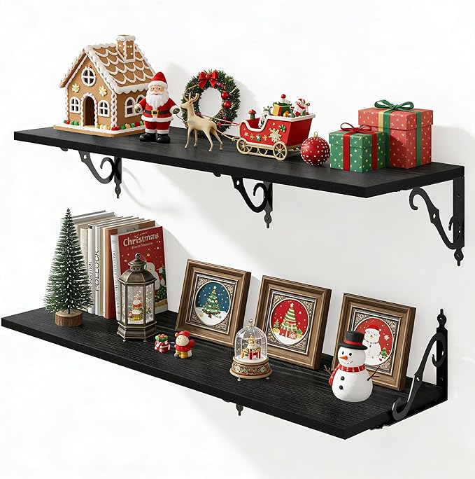 Fun Memories 40 Inch Floating Shelves Wall Mounted, 12 Inch Deep Wall Shelves with Bracket, Rustic Hanging Bookshelf, 40" Bookshelves for for Living Room, Kitchen and Bedroom, Black, Set of 2