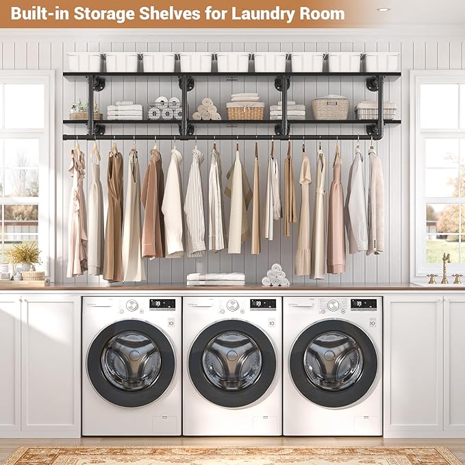 Aheaplus Industrial Pipe Clothes Rack with Top Shelf, 59In Space-Saving Wall Mounted Clothing Rack, 2 Tiers Heavy Duty Pipe Clothing Shelves with Hanging Rod for Laundry Room, Closet Storage, Black