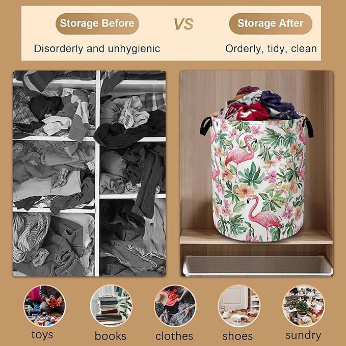 Pink Flamingo Laundry Basket,Floral Plam Collapsible Laundry Baskets with Handles,Waterproof Oxford Cloth Storage Basket 16"x20" for Bathroom/Bedroom/Dormitories