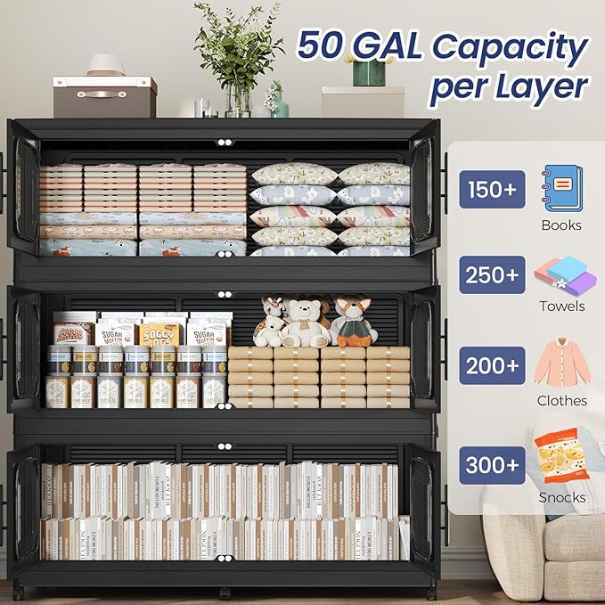 200GAL Extra Large Storage Bins with Lid, 800QT Storage Bins with Wheels, Folding Closet Organizer, Stackable Collapsible Plastic Storage Containers for Home, Office, Kitchen, 4Pack Black