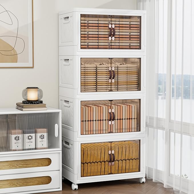 Storage Bins with 2 Lids and Wheels, Collapsible Bathroom Storage Cabinet with Clear Doors, Plastic Stackable Closet Organizers and Storage Containers White 942 QT