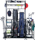 Mythinglogic Golf Bag Storage Garage Organizer,2 Golf Bags Storage Stand and Golfing Equipment Accessories Storage Rack with 4 Removable Hooks, Extra Golf Clubs Display Rack
