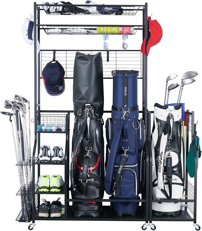 Mythinglogic Golf Bag Storage Garage Organizer,2 Golf Bags Storage Stand and Golfing Equipment Accessories Storage Rack with 4 Removable Hooks, Extra Golf Clubs Display Rack