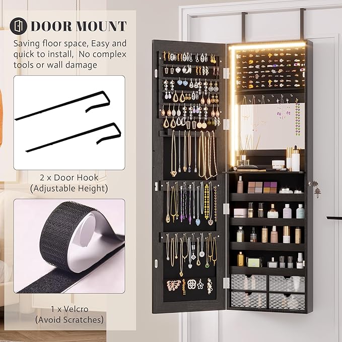 Vlsrka 47.2" LED Jewelry Armoire Organizer, Wall/Door Mounted with Full Length Mirror, Large Storage Hanging Cabinet, 4 Drawers, 5 Shelves, Built-in Lighted Mirror (Wood Black)