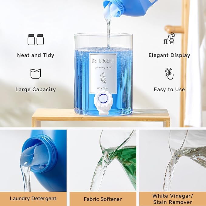 Glass Laundry Detergent Dispenser with Shelf & Bamboo Lid - 120 Oz Liquid Detergent, Laundry Soap & Fabric Softener Dispenser for Laundry Room Organization and Storage with 2 Cups & 8 Labels