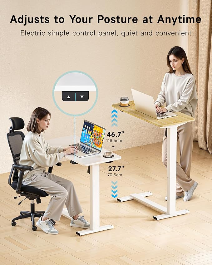 BIZUM Small Electric Standing Desk Bedside Table with Hidden Wheels 31.5 x 15.8 Inch Adjustable Computer Laptop Office Desk, White