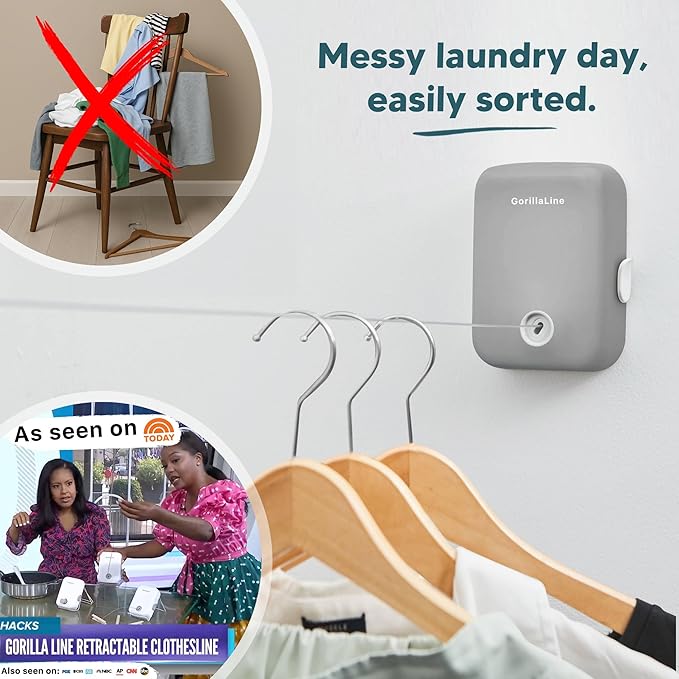 GorillaLine - Retractable Clothesline Indoor Outdoor Clothes Line - Heavy Duty Clothes Drying Laundry Line - Wall Mounted Drying Rack - Air Dry Clothing