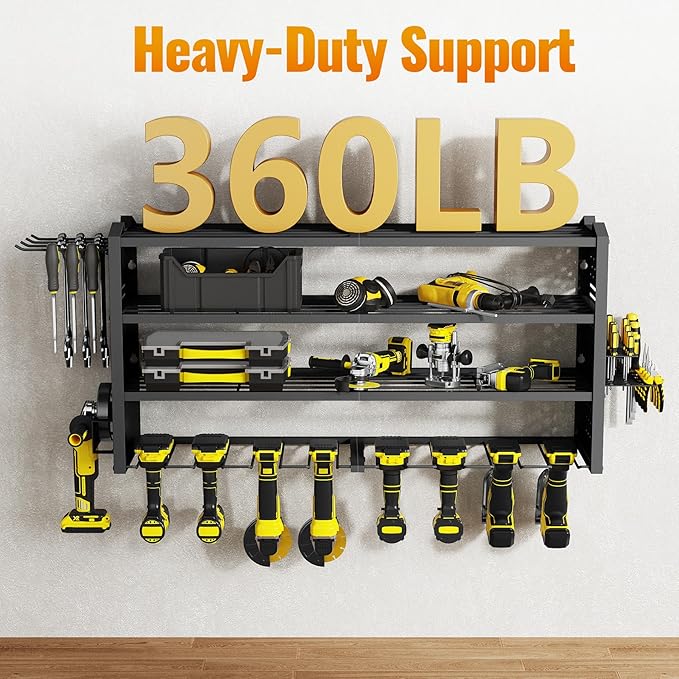 Tomorotec 4-Layer Wall-Mounted Power Tool Storage Rack, Heavy-Duty Steel Drill Organizer with Adjustable Shelves & Side Hooks for Toolbox, Easy Installation Garage & Workshop Storage (Black)