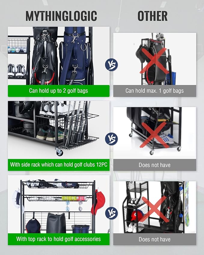 Mythinglogic Golf Bag Storage Garage Organizer,2 Golf Bags Storage Stand and Golfing Equipment Accessories Storage Rack with 4 Removable Hooks, Extra Golf Clubs Display Rack