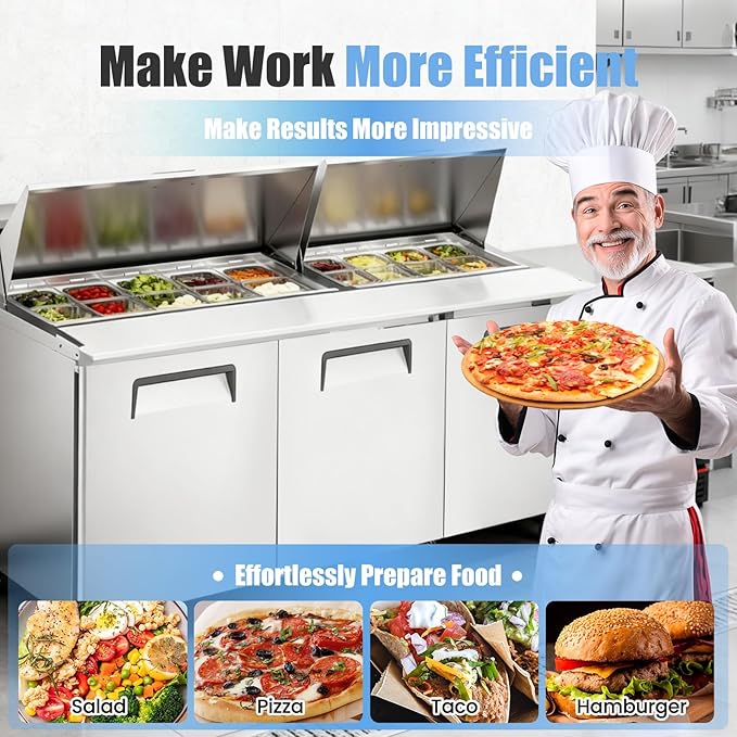 72" W Commercial Refrigerator Sandwich Salad Prep Table, Stainless Steel 3-Door Sandwich Prep Table Refrigerator, Counter Fan Cooling Refrigerator with 18 Pans for Restaurant, Bar