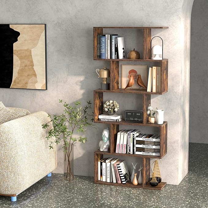 5-Tier Geometric Bookcase, 62.5” Freestanding Room Divider Bookshelf with Open Display Shelves & Anti-tip Device, Wood S-Shaped Storage Organizer for Living Room, Bedroom, Study & Home Office