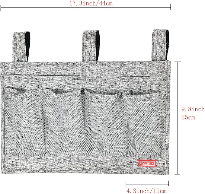 Linen Bedside Caddy, Bedside Storage Organizer for Hospital Beds, College Dorm Rooms or Baby Bed (6 Pockets-Grey)