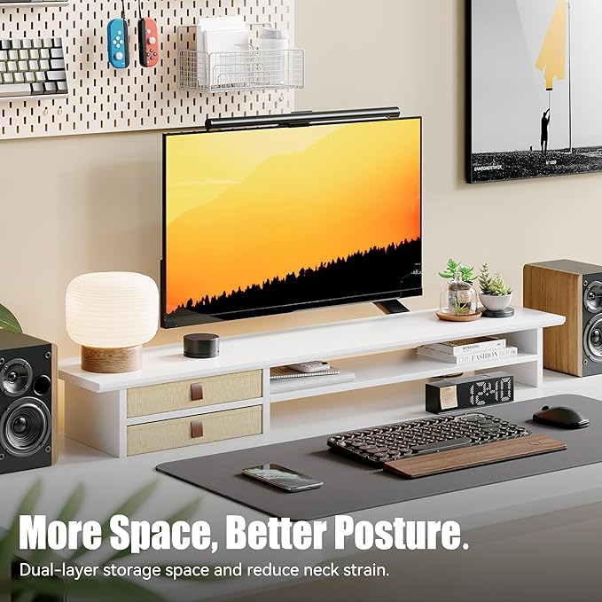 Dual‑Tier Monitor Stand Riser with Drawers, Desktop Organizer Shelf Storage for Computer Screen 2 Monitors, Supports for PC Computer Monitor, Printer, Heavy TV Riser White