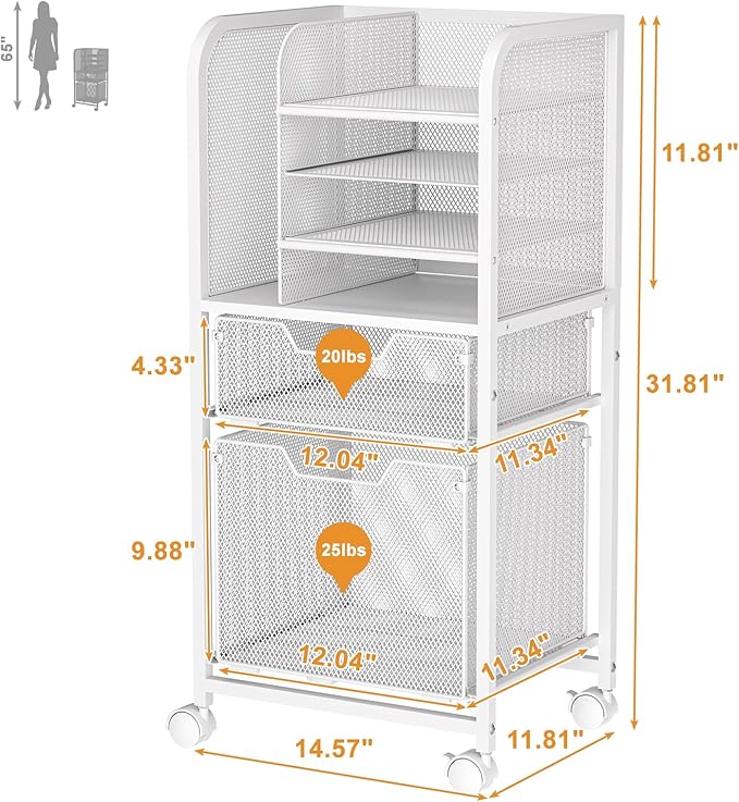 Rolling File Cart with 2 Drawers, White Rolling Cart with Drawers for Hanging File Folders, Letter-Size File Storage with Wheels, File Cabinet Organizer for Office and Home, White