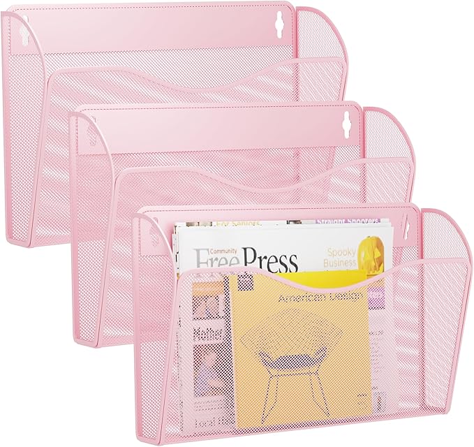 3 Single Pocket Wall File Holder, Mesh Hanging File Folder Paper Organizer, Vertical Wall Mounted Mail Basket, Storage Organization Magazine Rack for Office, Home and School, Pink