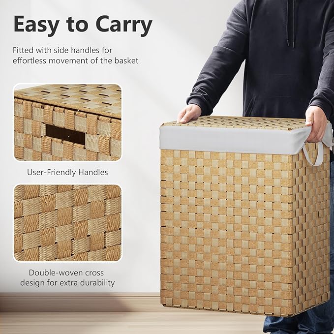 Foldable Laundry Hamper Basket with Lid by Fiona's magic, Handwoven 96L Large Clothes Hamper with Removable Liner Bags, Collapsible Tall Hamper for Bedroom, Bathroom and Dorm Organizer, Natural