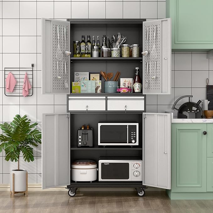 Aobabo Metal Storage Cabinet with Locking Doors and Pegboards, Steel Rolling Tool Storage Cabinet with 2 Drawer and 2 Adjustable Shelves for Garage, Kitchen, Office, Assembly Required, Black Grey