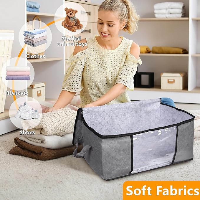 2 Pack Clothes Organizer Storage Bags with Zipper, 45L Foldable Blanket Storage Box with Clear Window Sturdy Handles for Closet, Dorm, Pillows, Bedding, Sweater, Clothing, Gray