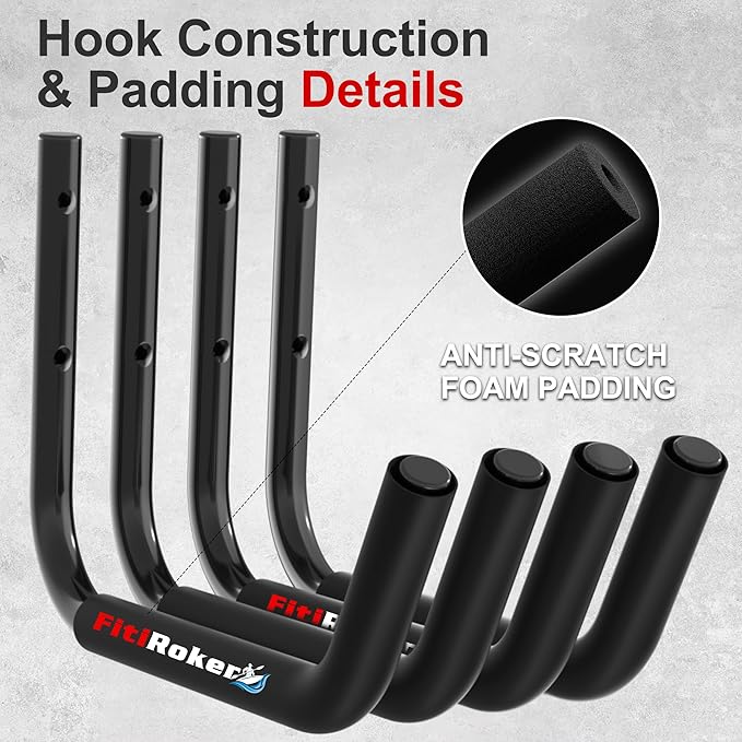 Kayak Storage Rack – 100LB Wall Mounted Kayak Hook with EVA Padding | Kayak Wall Mount & Kayak Rack for Garage | Garage Storage Hooks for Canoes, Paddle Boards, Ladders, Bikes (Round Tube)