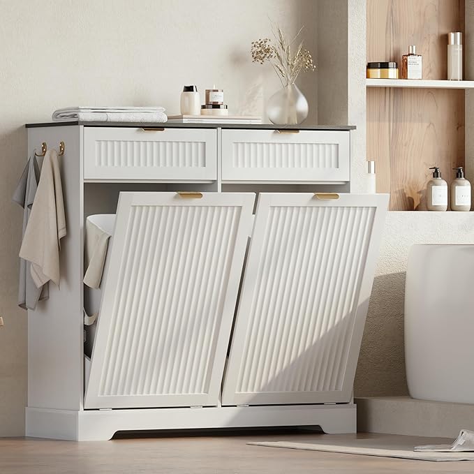 2x13 Gallons Double Tilt Out Trash Can Cabinet, Wooden Fluted Trash Garbage Can Cabinet with 2 Drawers, Hidden Laundry Hamper with Hooks for Kitchen Living Room, White