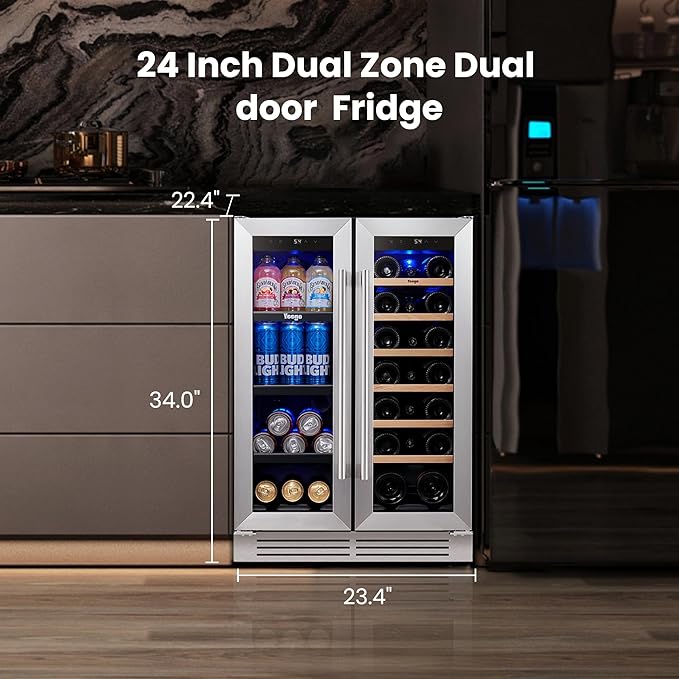 Yeego Wine and Beverage Refrigerator - 24 Inch Dual Zone Wine Fridge 60 Can & 20 Bottle, 36-72°F Cooler Built in Under Counter Fridge with Glass Door for Beer Soda Drink Home Bar Office