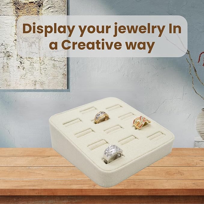 Novel Box 12-Slot Beige Linen Rings/Earrings/Cufflinks Holder Tray 5.75x5x2 Inches - Ring Holder Organizer for Selling or Personal Use - Jewelry Display Trays for Special Occasions