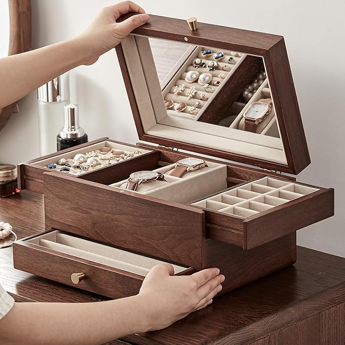CHOSIN Black Walnut Jewelry Box for Women, 3-Level Multi-functional Organizer with Mirror for Watches, Necklaces, Rings & Earrings Storage Christmas Gifts