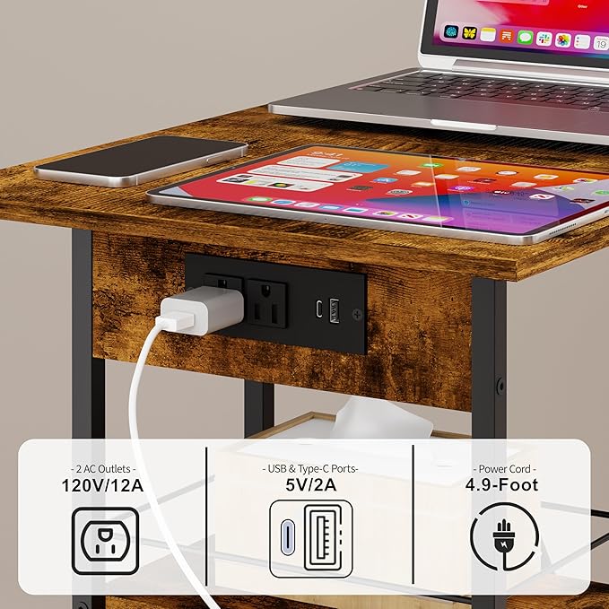 Rolling C-Shaped Side Table with Charging Station, Night Stand with Type-C & USB Port and Outlet for Bedroom, Spacious Coffee Table with Wheels for Living Room, Home Office, Small Space(Large Desktop)