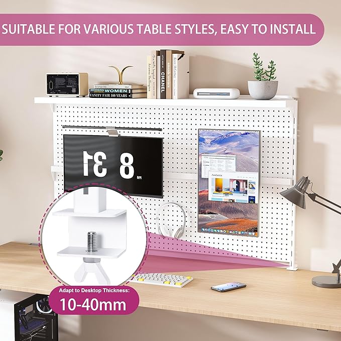 KEIKI Metal Pegboard Desk Organizer with Dual Monitor Stand, 59" x 35" Large Desk Peg Board with Hooks & Movable Panel, Office Organization and Storage Shelf for Gaming or Workstation Setup, White