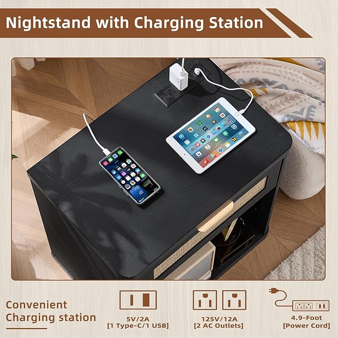 LEYAOYAO Rattan Nightstands Set of 2 with Charging Station, Black Night Stand with Drawer, 23" Wide Boho Bedside Table with Storage Shelf, Bed Side End Tables for Bedroom, Living Room, Hallway