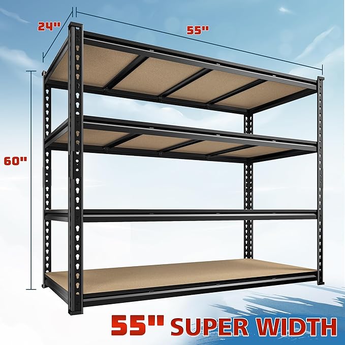 55" W Storage Shelves, 2040LBS Garage Shelving Heavy Duty, 4-Tier Storage Shelving, Adjustable Metal Shelving Unit for Garage, Warehouse, Pantry, Kitchen, 55" W × 24" D × 60" H