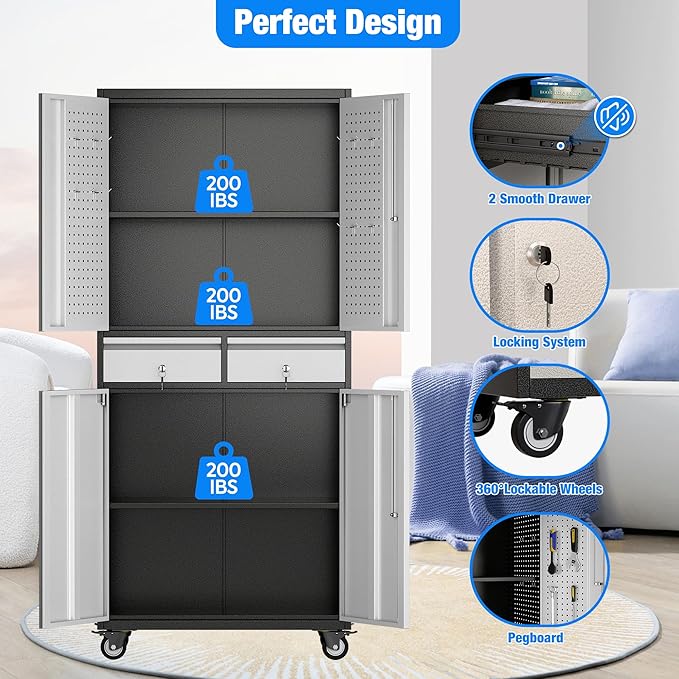 71''H Metal Storage Cabinet with Wheels & Pegboard,Rolling Lockable Tool Cabinet with Adjustable Shelves & 2 Drawer for Garage,Offices,Homes,Pantries Assembly Required