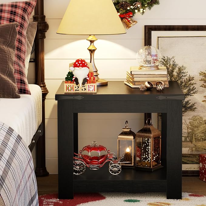 Homieasy End Table, 20 Inch Square End Table, Farmhouse Wood Side Table with Storage Shelf, Industrial Accent Bedside Table for Living Room, Bedroom, Black