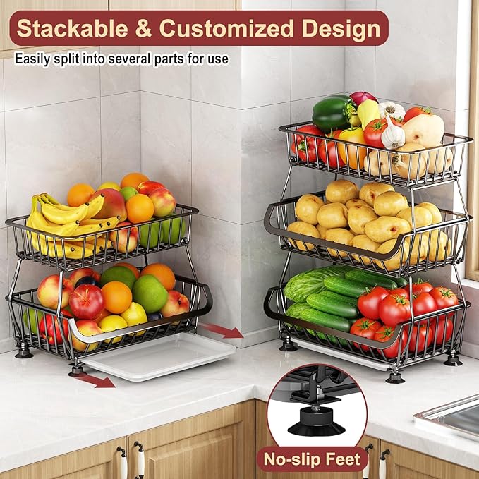 Miyawell 3-Tier Rolling Pantry Cart with Wheels, Stackable Wire Storage Floor Organizer for Kitchen Pantry Snack Shelves, Fruit Basket Stand, Vegetable Storage Rack for Food Snacks Onion Potato
