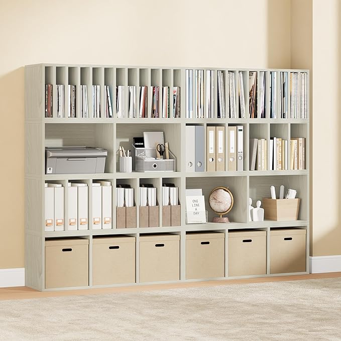 IOTXY DIY Modular Cube Bookcase - CubeXY Customizable Stackable Expandable Combination Set, 23-Cube Open Bookshelf for Books, Fabric Storage Bin, and Vinyl Record Organizer, Oak
