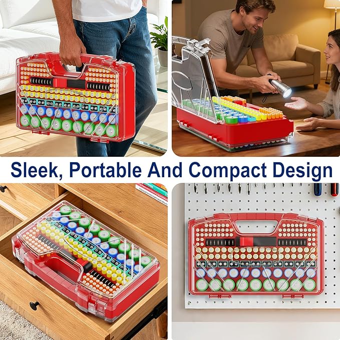 Battery Organizer Storage Holder Box Case with Tester, New Ultra-Large 285+Batteries Double-Sided Variety Pack, Holds AA AAA 4A C D Button Cell 9V 3V CR123 CR1632 LR44 Lithium18650 CR2 Red